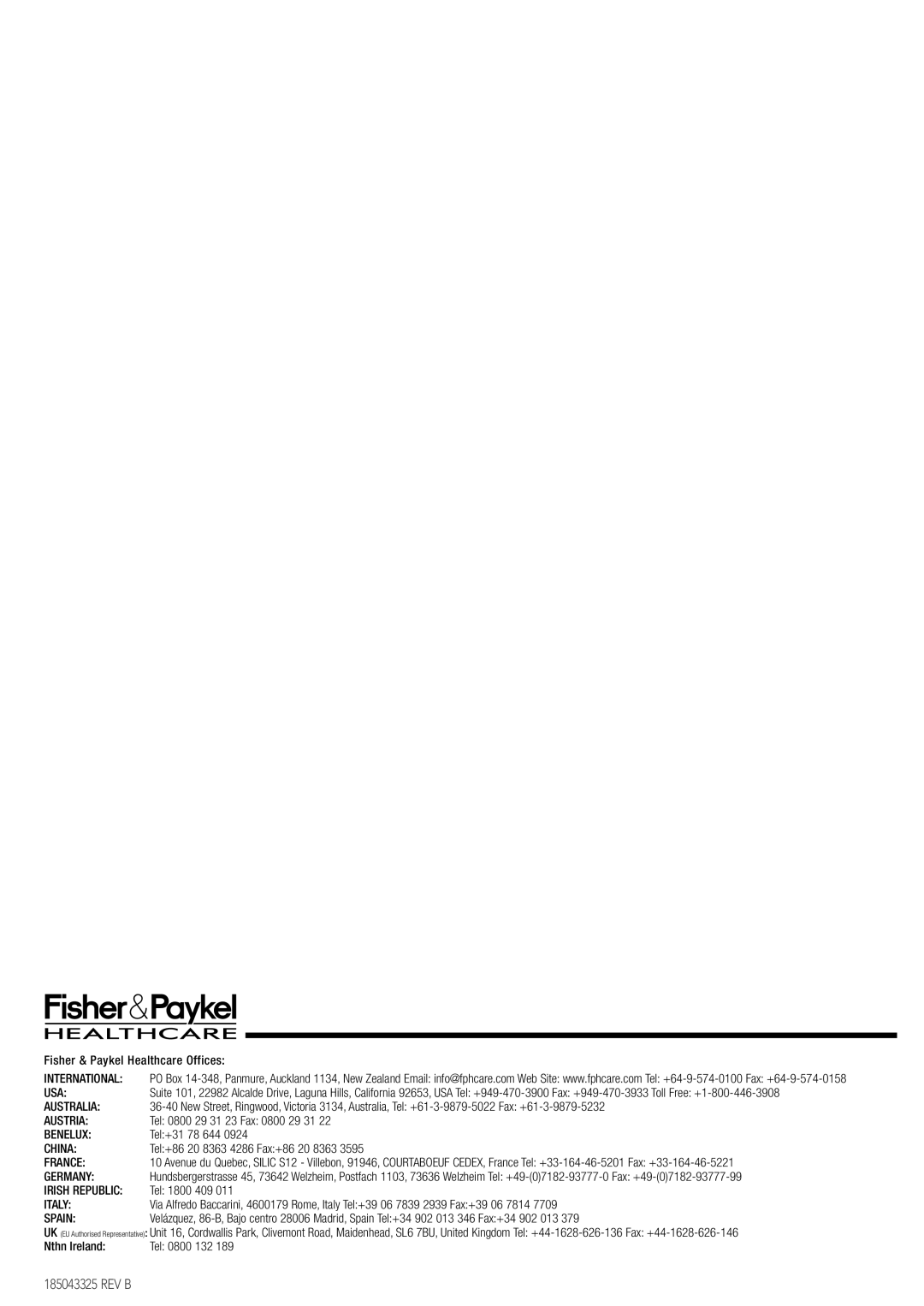 Fisher & Paykel HC230 manual Rev B 