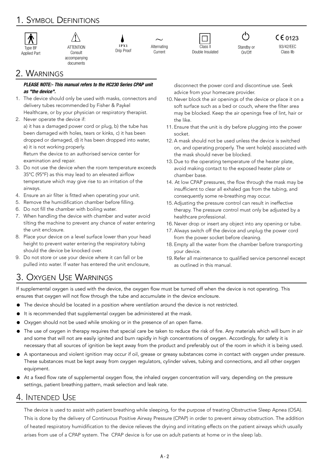 Fisher & Paykel HC230 manual Symbol Definitions, Oxygen USE Warnings, Intended USE 