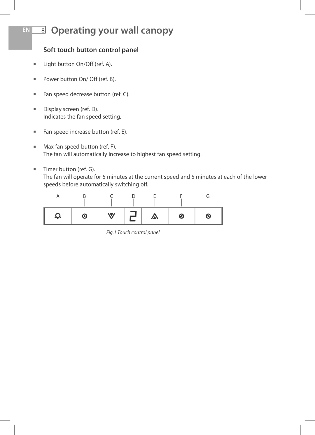 Fisher & Paykel HC60CGX1, HC90CGX1 installation instructions Operating your wall canopy, Soft touch button control panel 