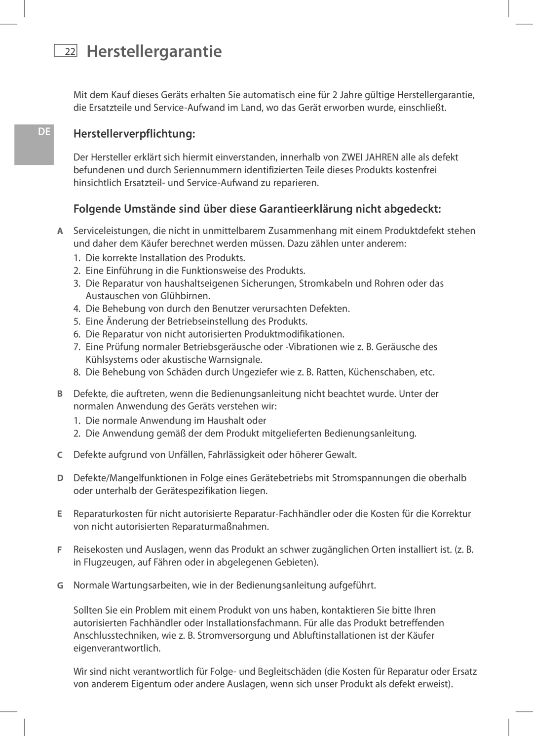 Fisher & Paykel HC60CGX1, HC90CGX1 installation instructions Herstellergarantie, DE Herstellerverpflichtung 