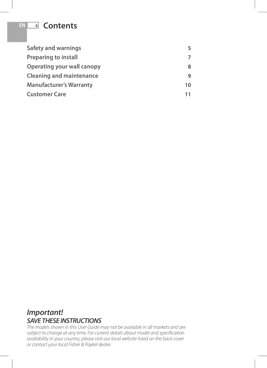 Fisher & Paykel HC60CGX1, HC90CGX1 installation instructions EN 4 Contents 