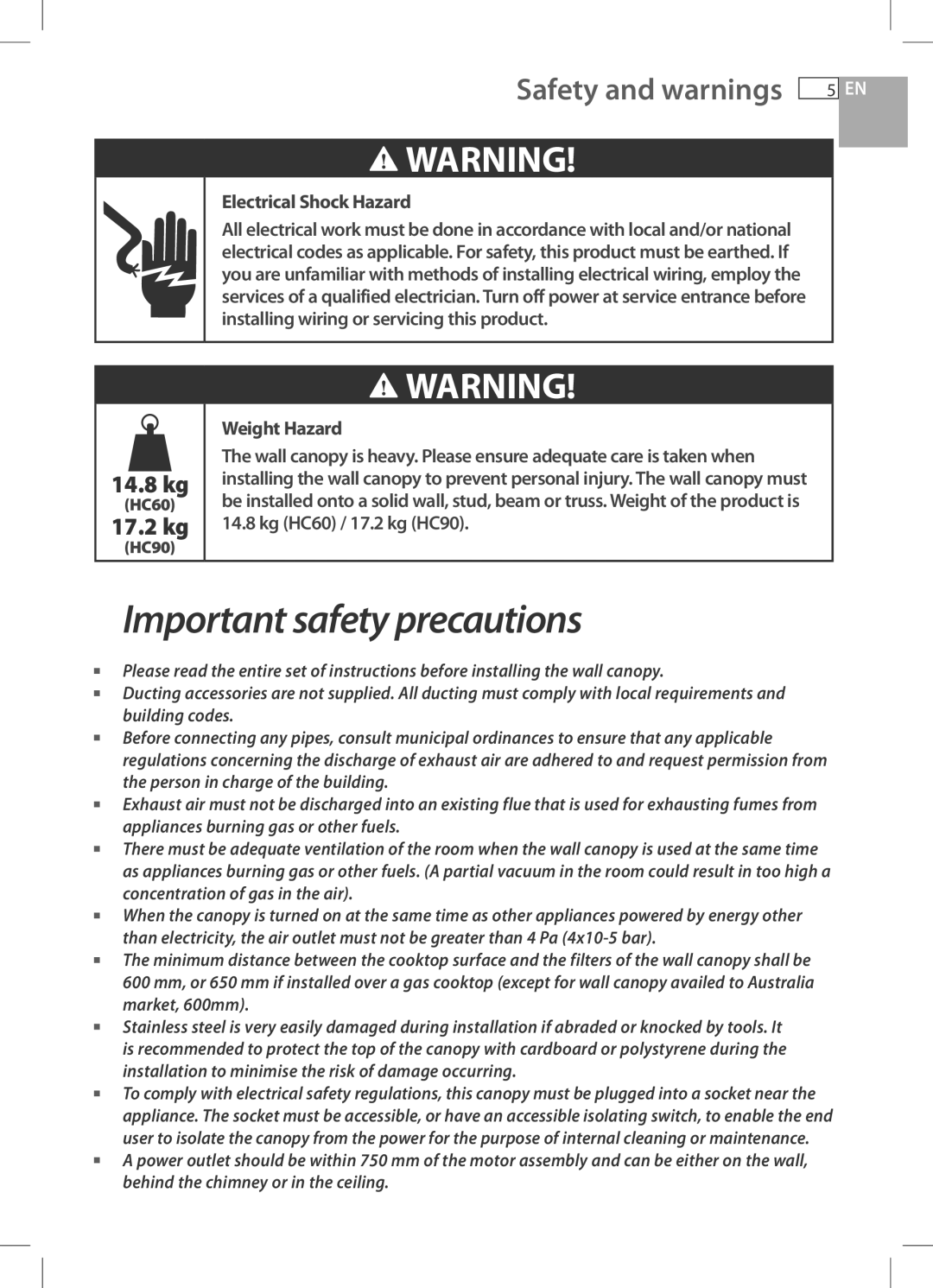 Fisher & Paykel HC90CGX1, HC60CGX1 installation instructions Safety and warnings 5 EN, Electrical Shock Hazard 