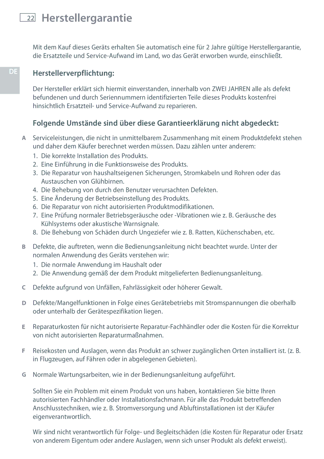 Fisher & Paykel HC60CGX1 installation instructions Herstellergarantie, DE Herstellerverpflichtung 