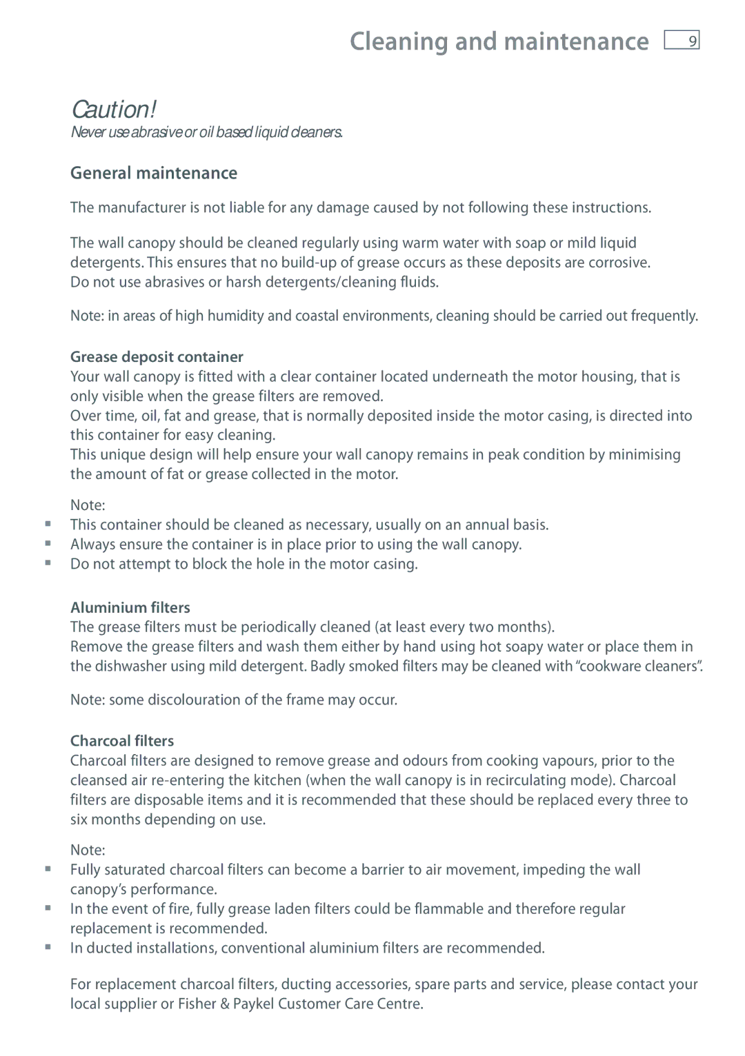 Fisher & Paykel HC90PCHTX1 Cleaning and maintenance, General maintenance, Grease deposit container, Aluminium filters 