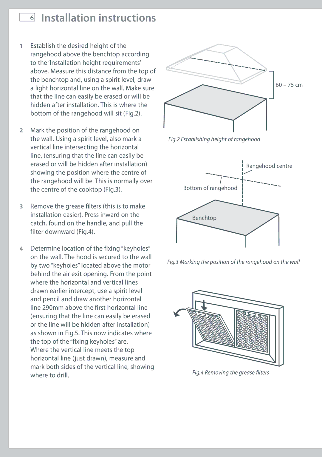 Fisher & Paykel HC60PCHTX1, HC90PCHTX1 installation instructions Establishing height of rangehood 