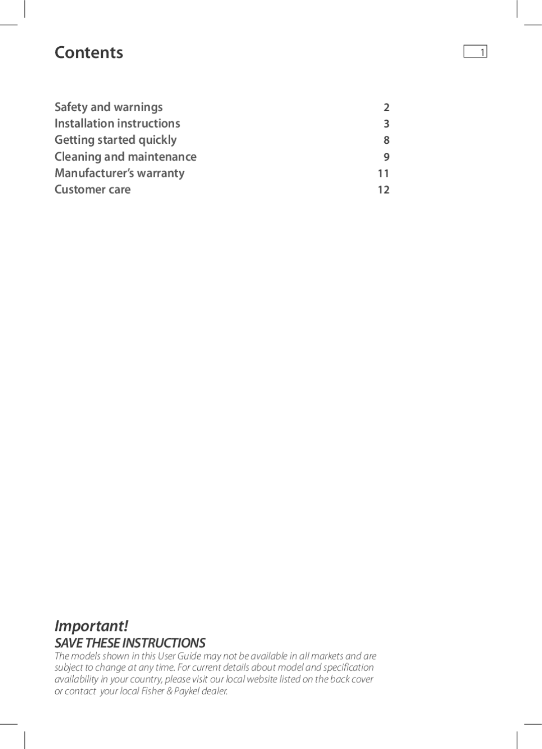 Fisher & Paykel HC90PCHTX2, HC60PCHTX2 installation instructions Contents 