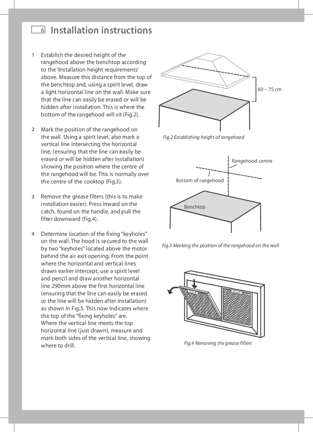 Fisher & Paykel HC60PCHTX2, HC90PCHTX2 installation instructions Establishing height of rangehood 