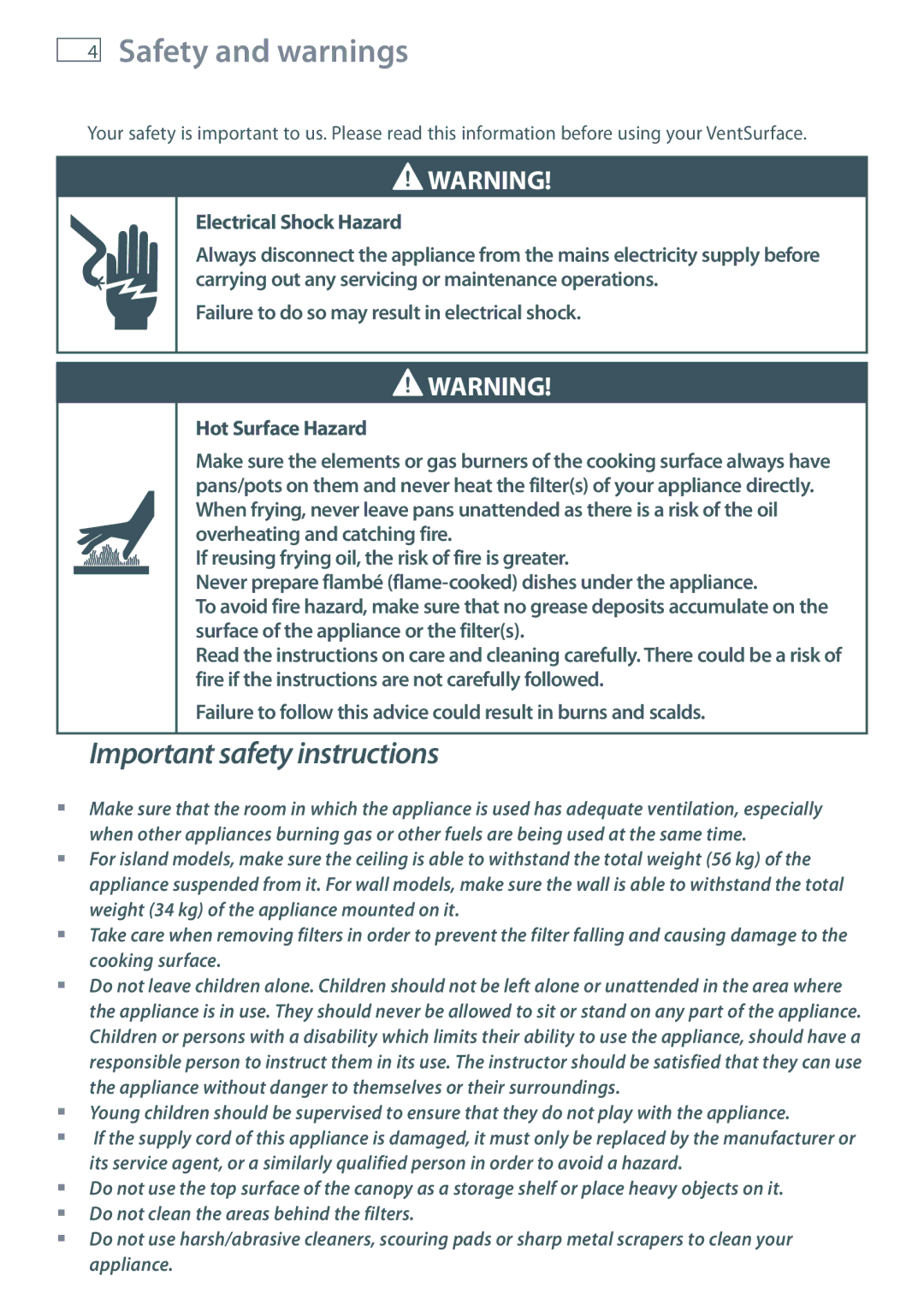 Fisher & Paykel HC90 manual Safety and warnings, Electrical Shock Hazard 