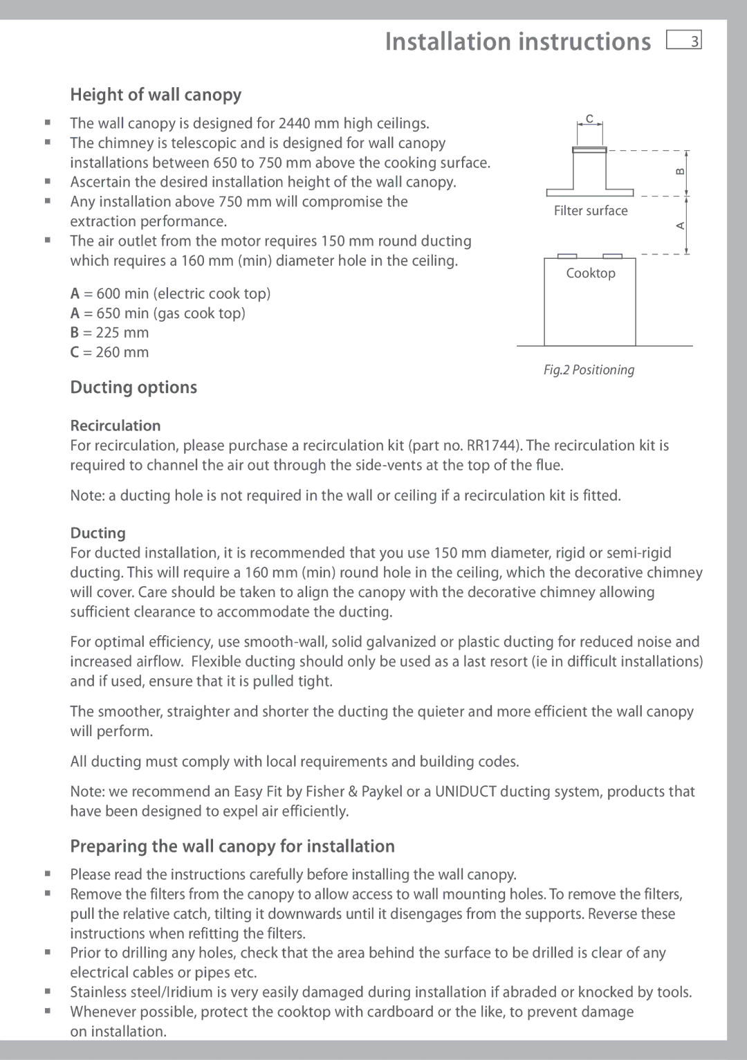 Fisher & Paykel HC90DXB1 Height of wall canopy, Ducting options, Preparing the wall canopy for installation, Recirculation 