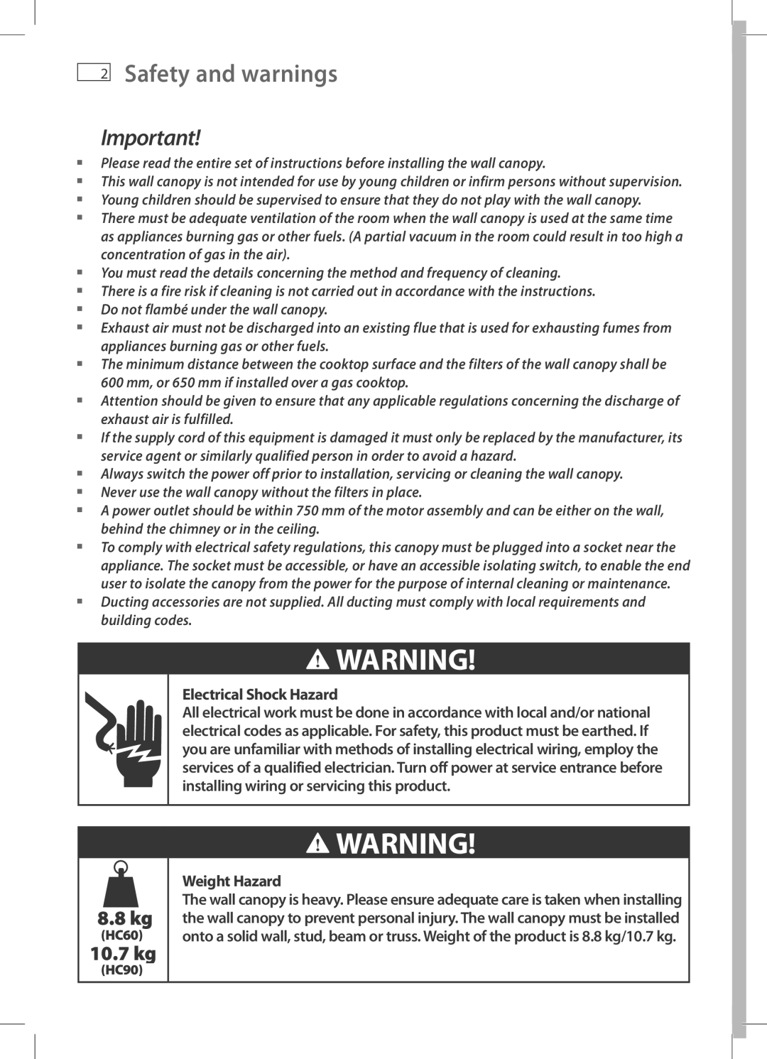 Fisher & Paykel HC90PCIX2, HC60PCIX2 installation instructions Safety and warnings, Electrical Shock Hazard 