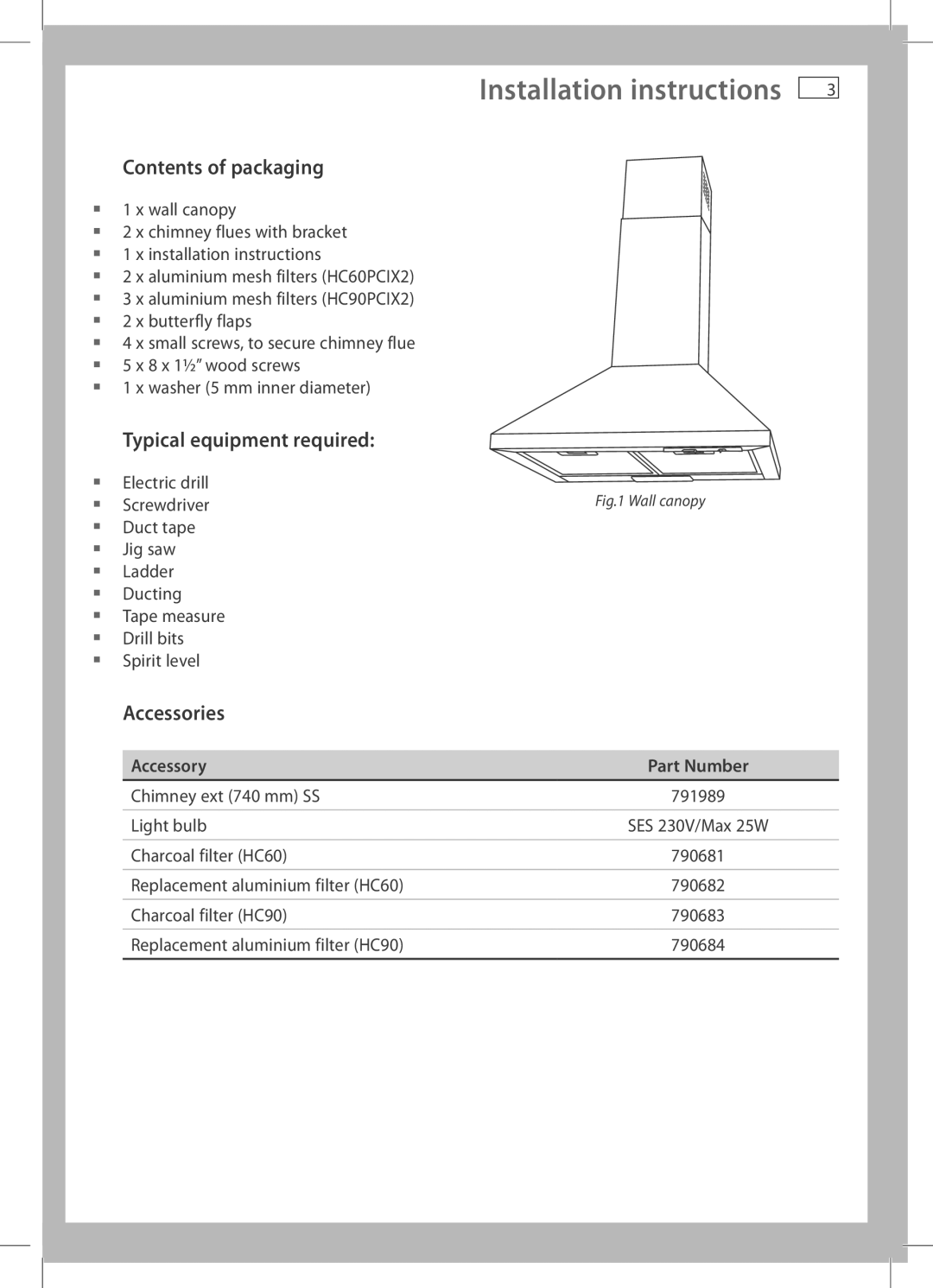 Fisher & Paykel HC60PCIX2, HC90PCIX2 Contents of packaging, Typical equipment required, Accessories 