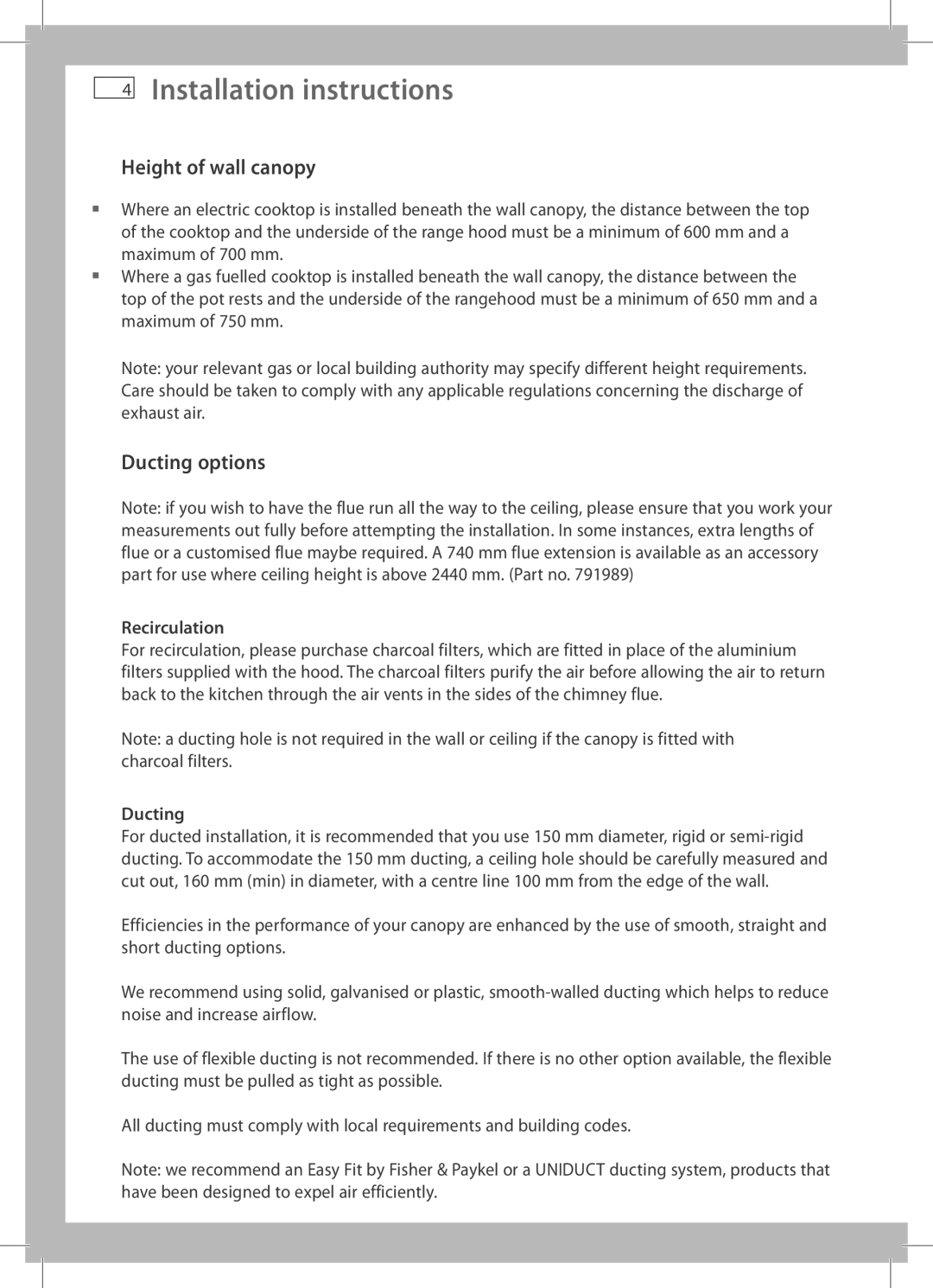 Fisher & Paykel HC90PCIX2, HC60PCIX2 Installation instructions, Height of wall canopy, Ducting options, Recirculation 