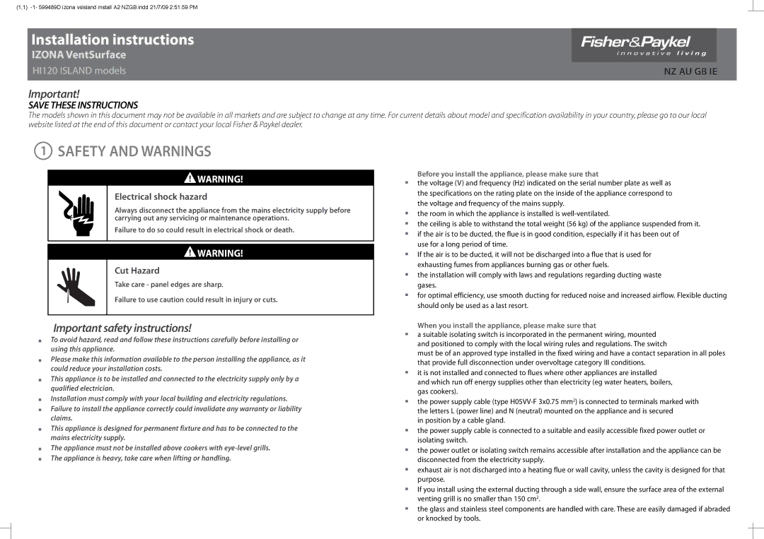 Fisher & Paykel HI120 installation instructions Installation instructions, Safety and Warnings 