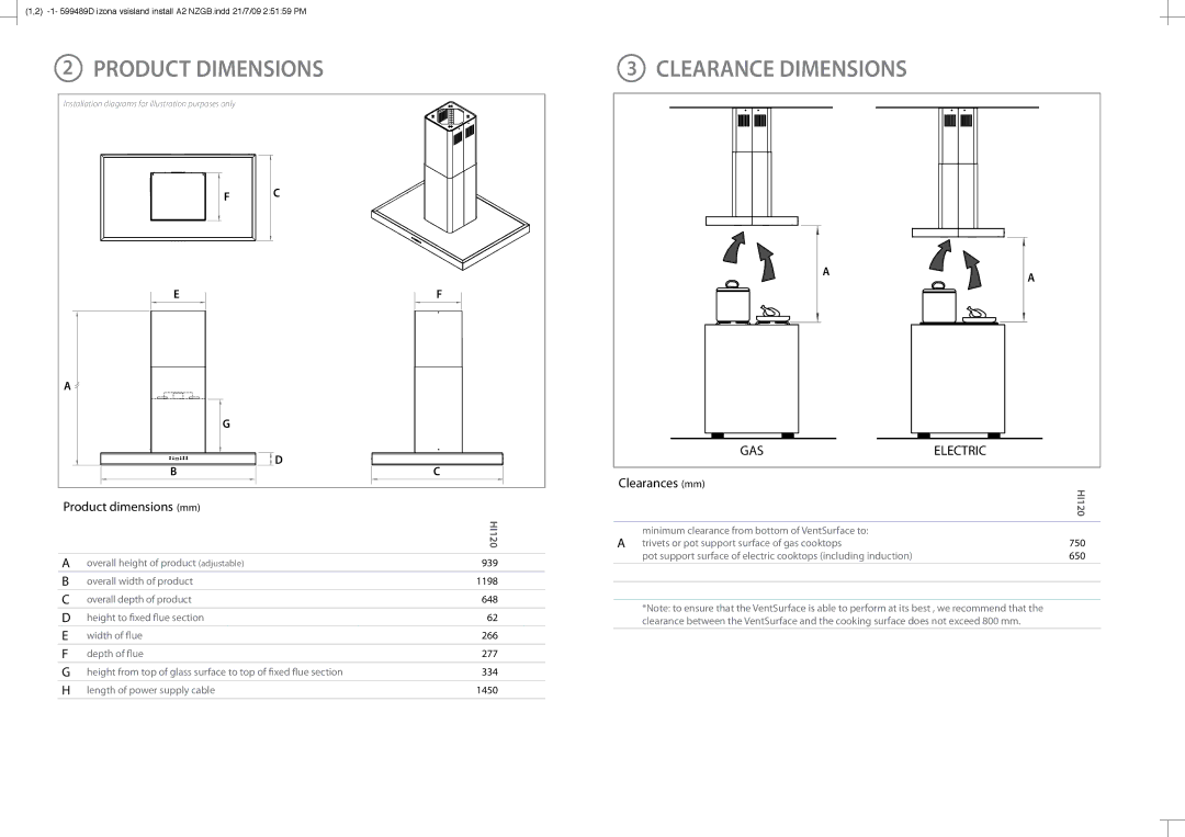 Fisher & Paykel HI120 installation instructions Product Dimensions, Clearance Dimensions, Product dimensions mm 