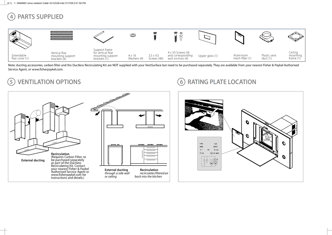 Fisher & Paykel HI120 installation instructions Parts Supplied, Ventilation Options Rating Plate Location 