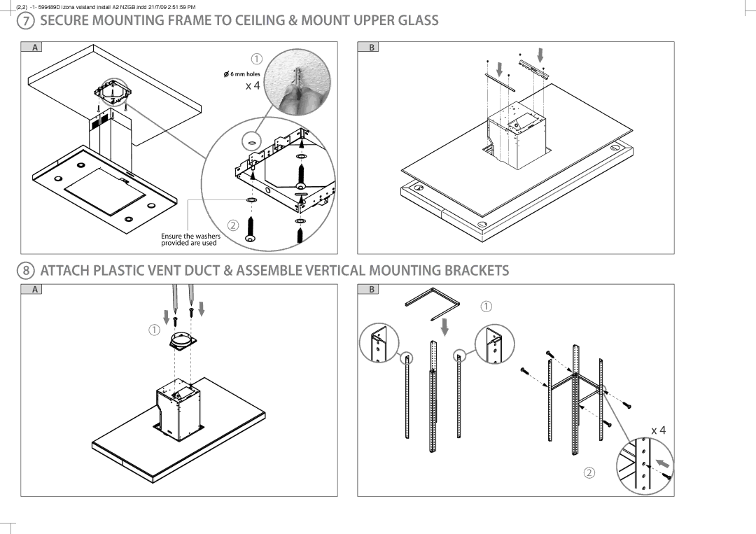 Fisher & Paykel HI120 installation instructions Secure Mounting Frame to Ceiling & Mount Upper Glass 