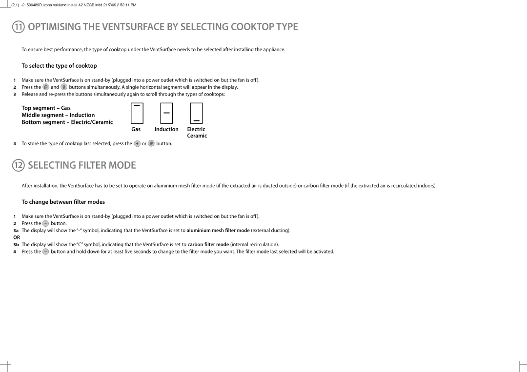 Fisher & Paykel HI120 installation instructions Optimising the Ventsurface by Selecting Cooktop Type, Selecting Filter Mode 