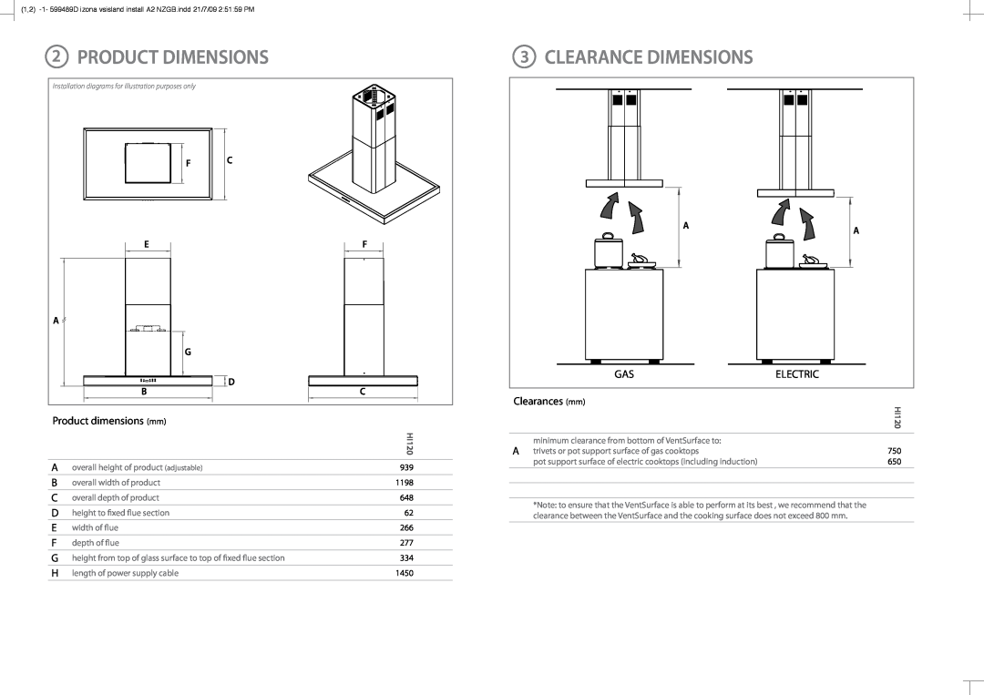 Fisher & Paykel HI120 2PRODUCT DIMENSIONS, 3CLEARANCE DIMENSIONS, Product dimensions mm, Clearances mm 