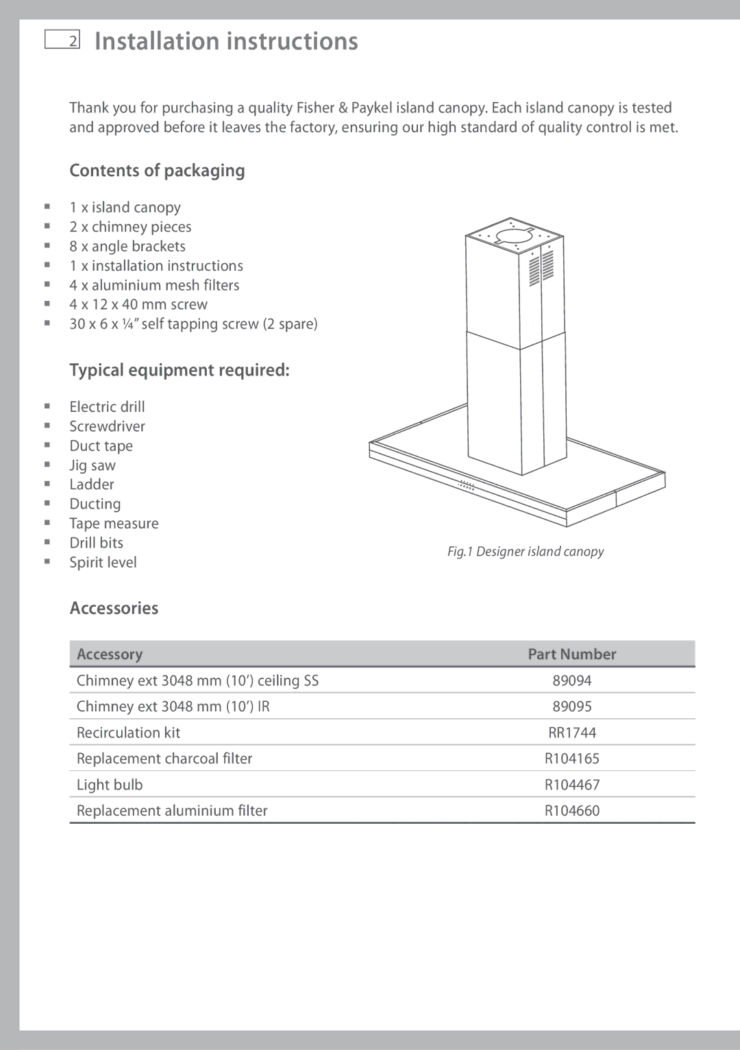 Fisher & Paykel HI120DXB1 Installation instructions, Contents of packaging, Typical equipment required, Accessories 