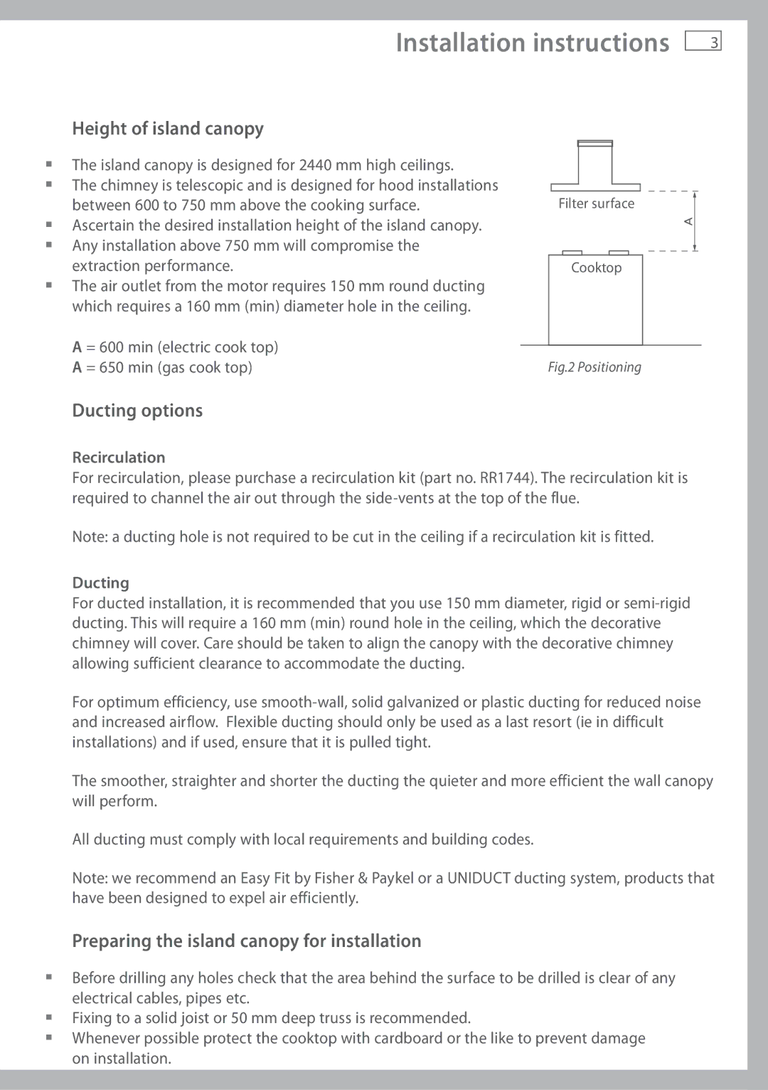 Fisher & Paykel HI120DMB1 Height of island canopy, Ducting options, Preparing the island canopy for installation 