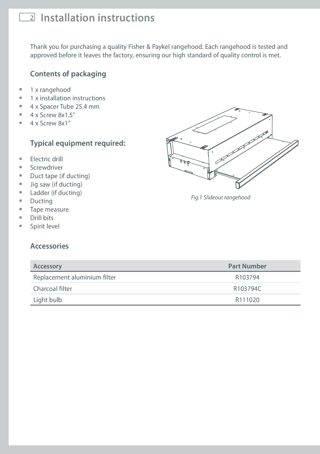 Fisher & Paykel HS60CSRX1 Installation instructions, Contents of packaging, Typical equipment required, Accessories 