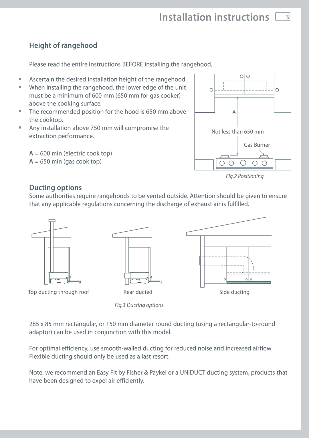 Fisher & Paykel HS60CSRW1, HS60CSRM1, HS60CSRX1 installation instructions Height of rangehood, Ducting options 