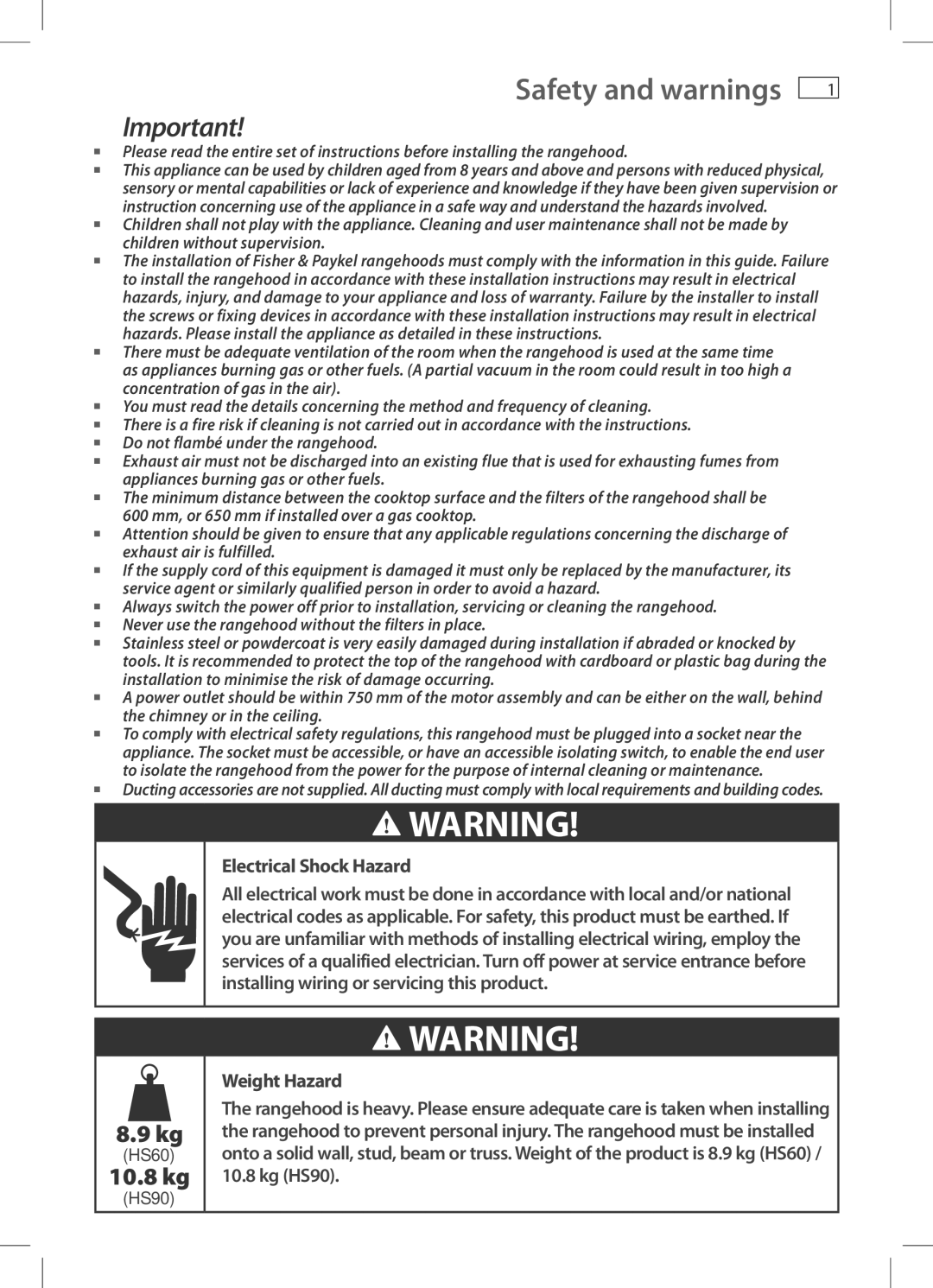 Fisher & Paykel HS90CSX3, HS60CSRX3, HS90CIWX3, HS60CSX3, HS60CIWX3 installation instructions Safety and warnings, 10.8 kg 