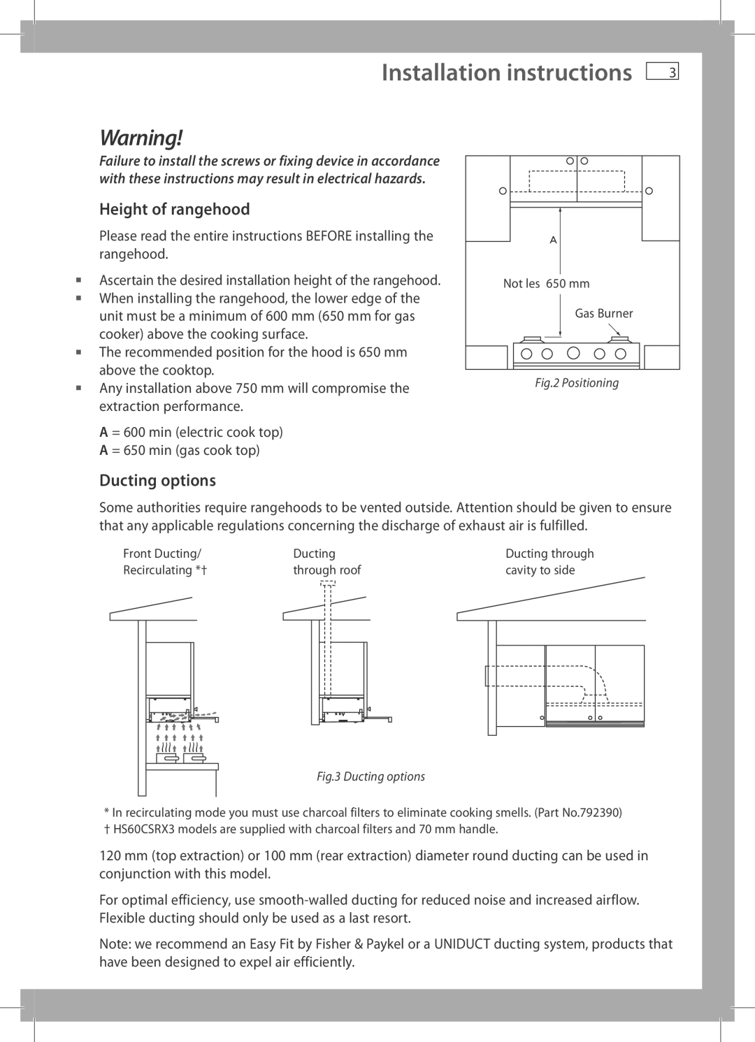 Fisher & Paykel HS60CSRX3, HS90CIWX3, HS60CSX3, HS90CSX3, HS60CIWX3 Height of rangehood, Ducting options 