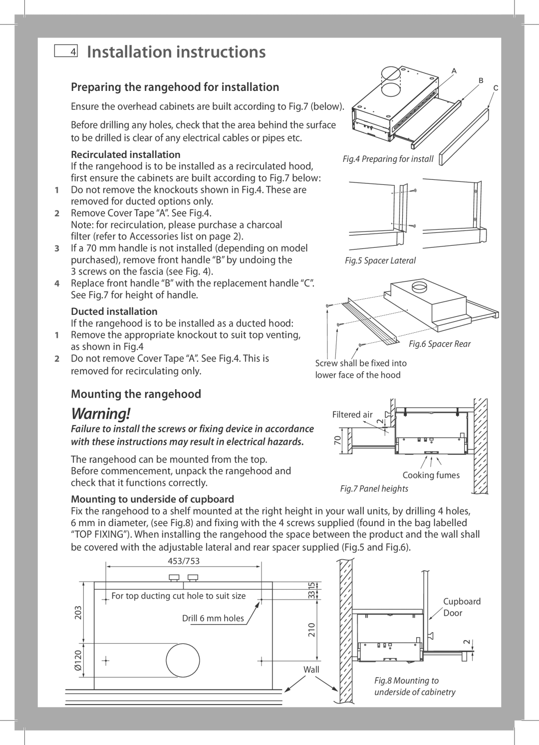 Fisher & Paykel HS90CIWX3 Preparing the rangehood for installation, Mounting the rangehood, Recirculated installation 