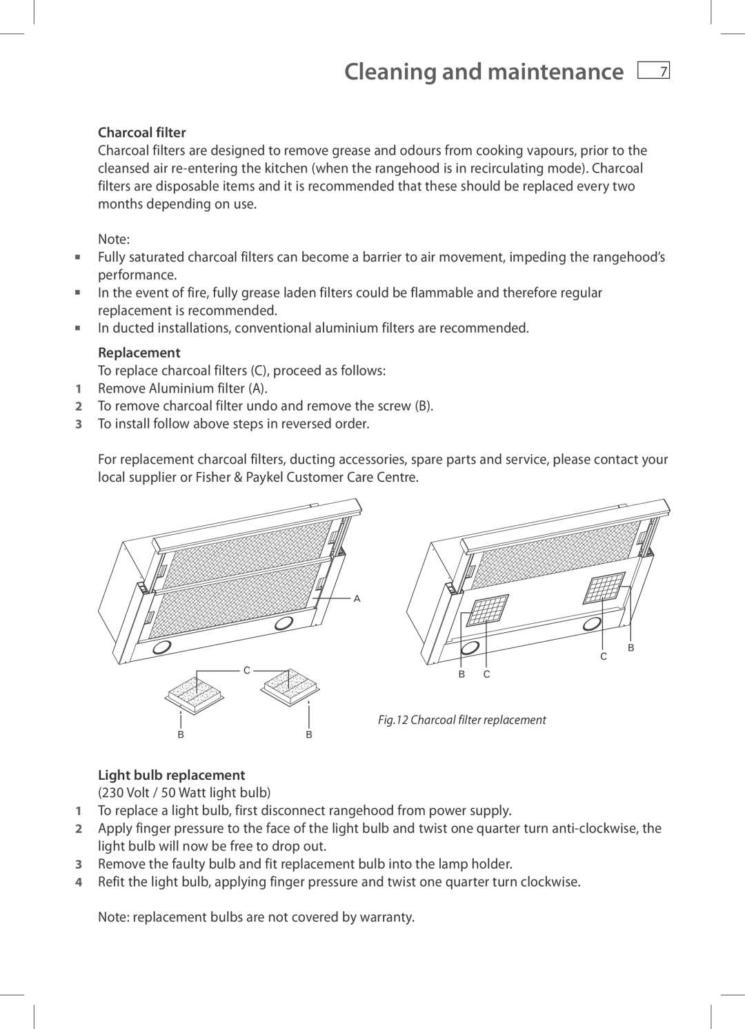 Fisher & Paykel HS60CIWX3, HS60CSRX3, HS90CIWX3, HS60CSX3, HS90CSX3 installation instructions Charcoal filter, Replacement 