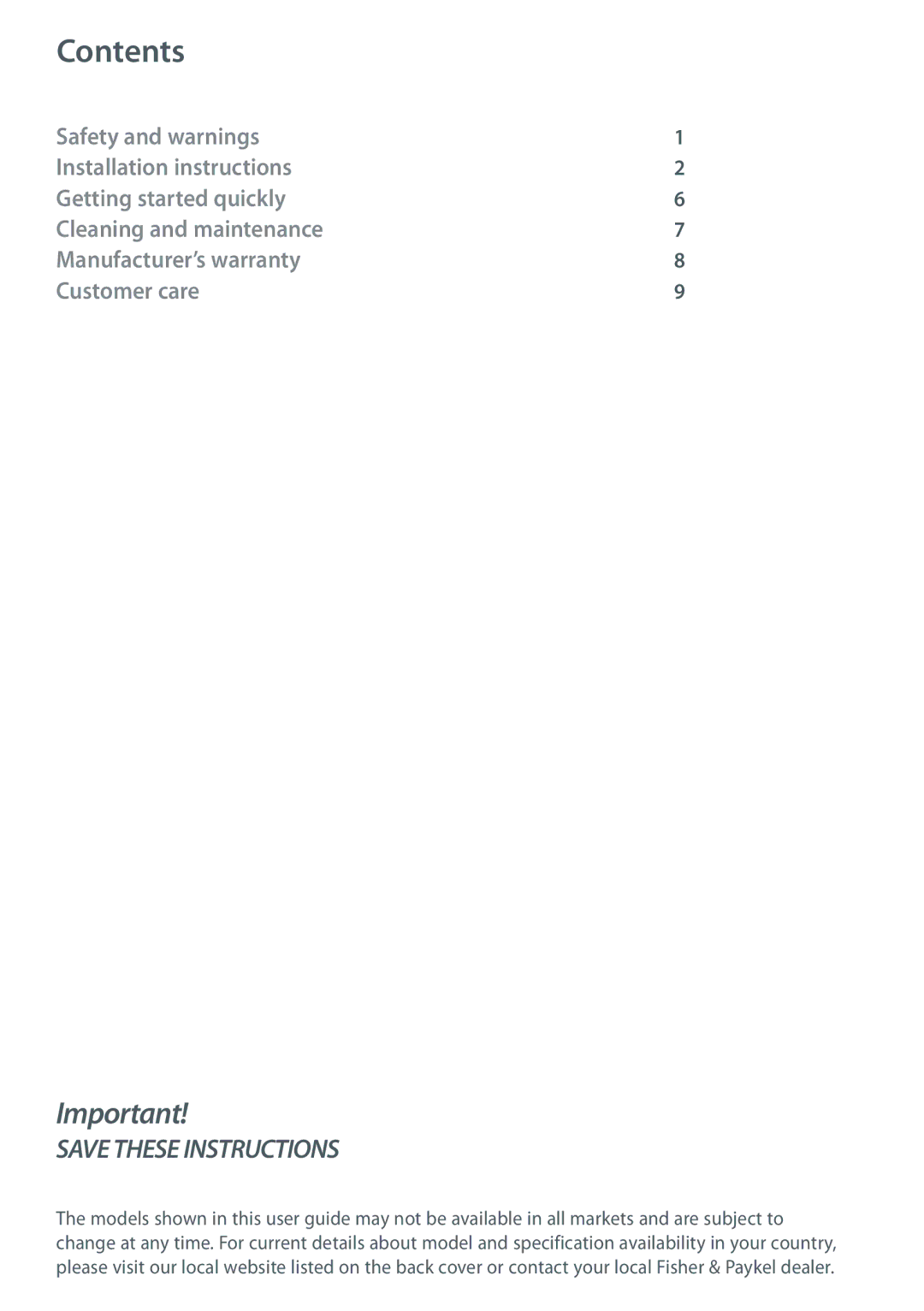 Fisher & Paykel HS60CIW1, HS60CSX1, HS60CSW1, HS60CIX1 installation instructions Contents 