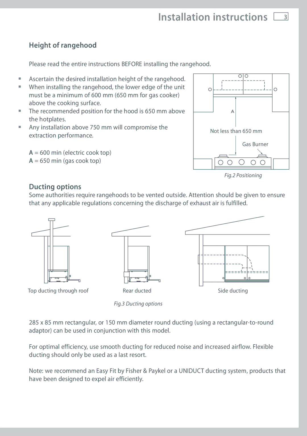 Fisher & Paykel HS60CSW1, HS60CSX1, HS60CIW1, HS60CIX1 installation instructions Height of rangehood, Ducting options 