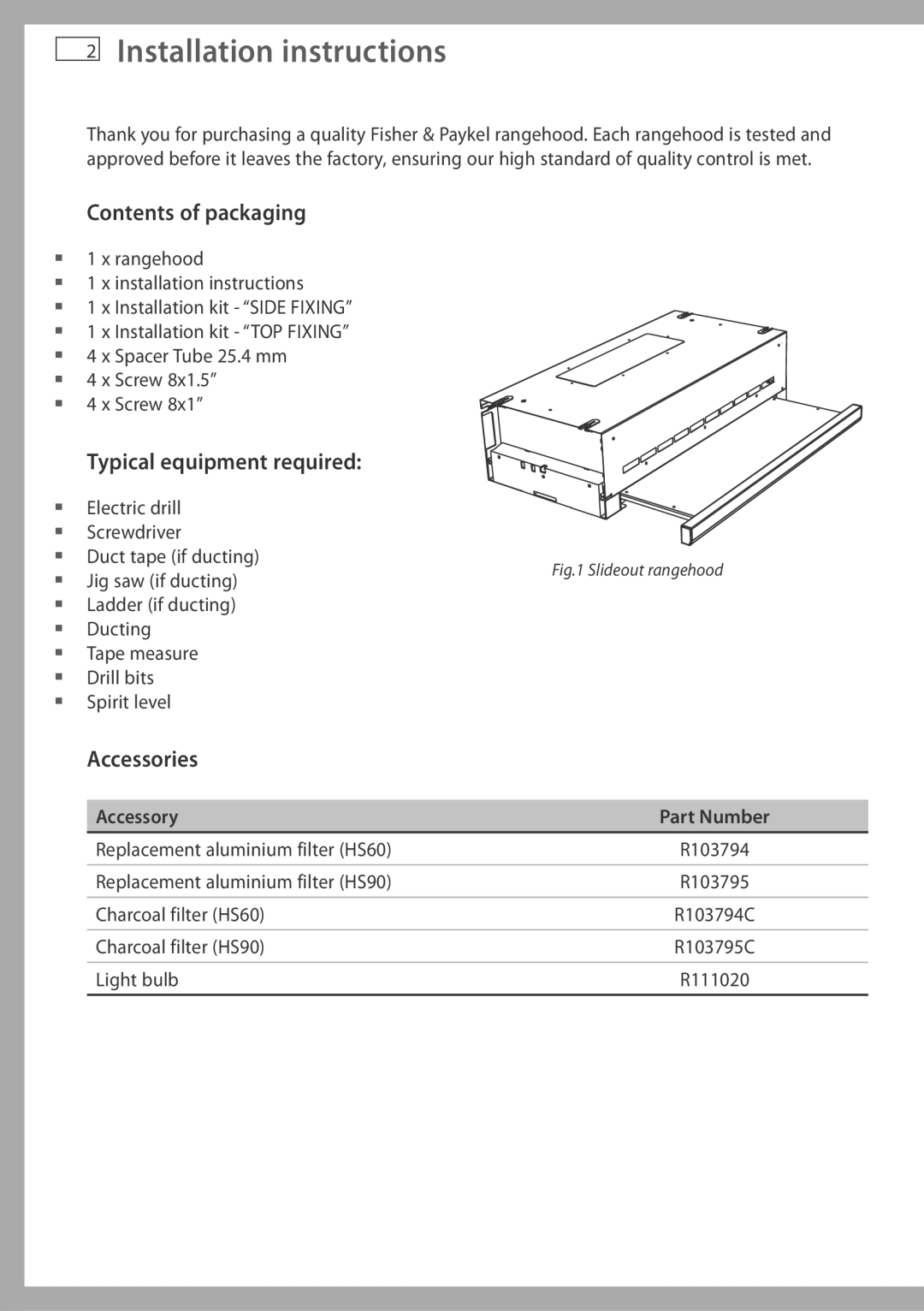 Fisher & Paykel HS60CIW2 Installation instructions, Contents of packaging, Typical equipment required, Accessories 