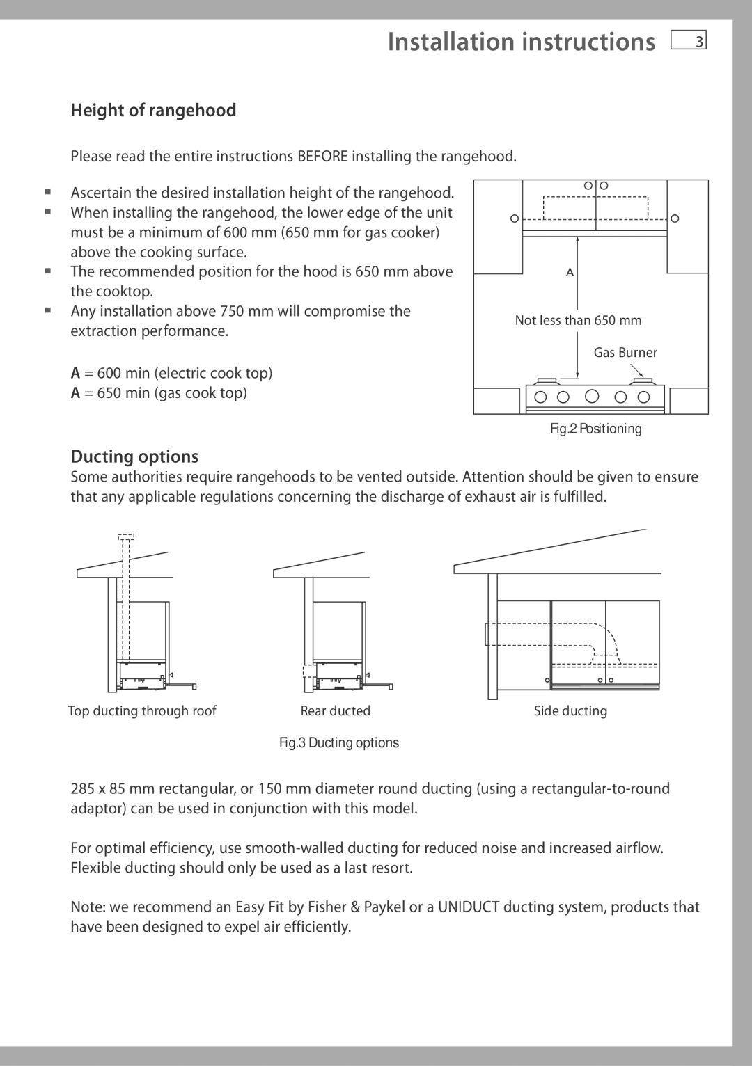 Fisher & Paykel HS60CIX2, HS60CSX2, HS60CSRW2, HS60CSW2, HS60CSRX2, HS60CIW2, HS90CSX2 Height of rangehood, Ducting options 