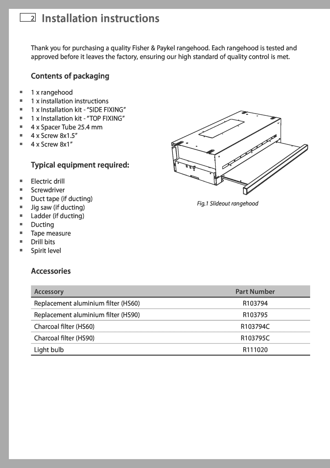 Fisher & Paykel HS60CIW2 Installation instructions, Contents of packaging, Typical equipment required, Accessories 