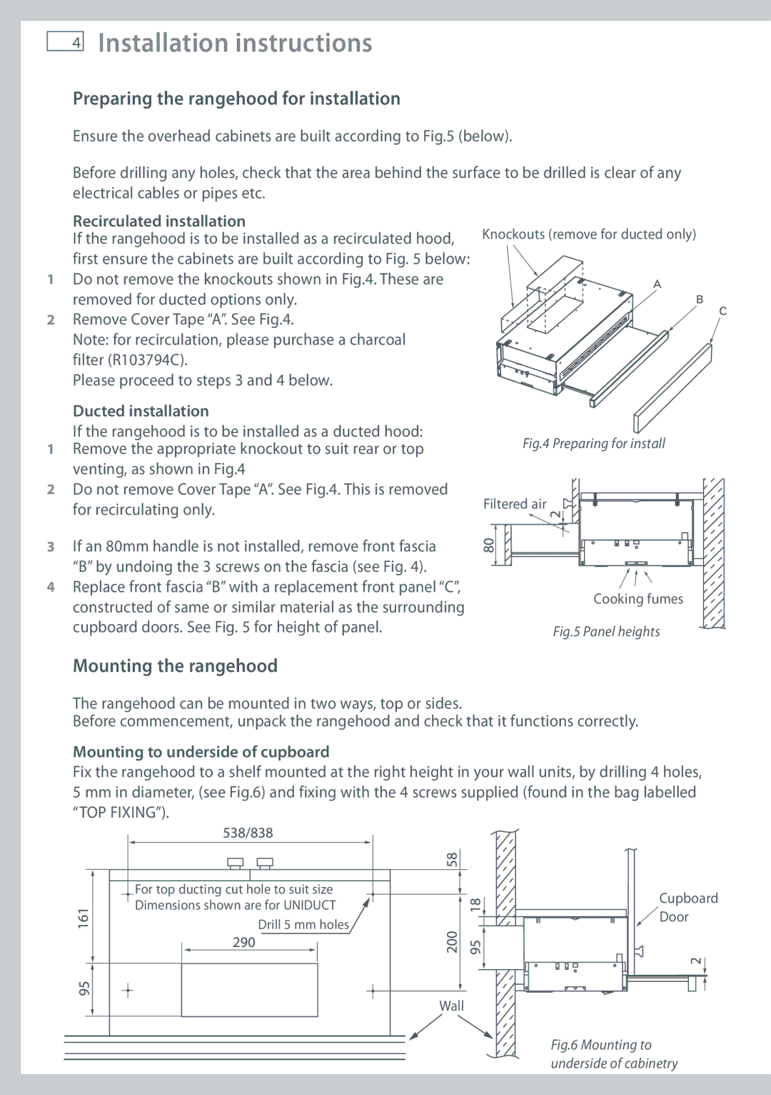 Fisher & Paykel HS90CSX1 Preparing the rangehood for installation, Mounting the rangehood, Recirculated installation 