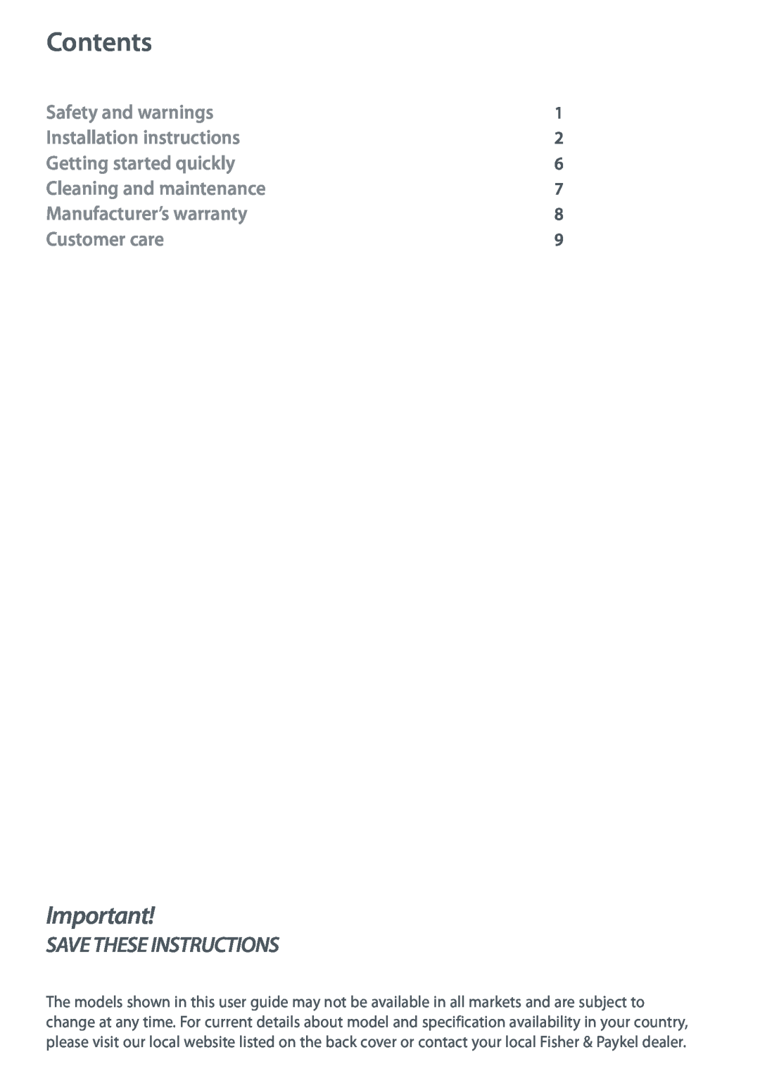 Fisher & Paykel HS90CSX1 Contents, Save These Instructions, Safety and warnings, Installation instructions, Customer care 