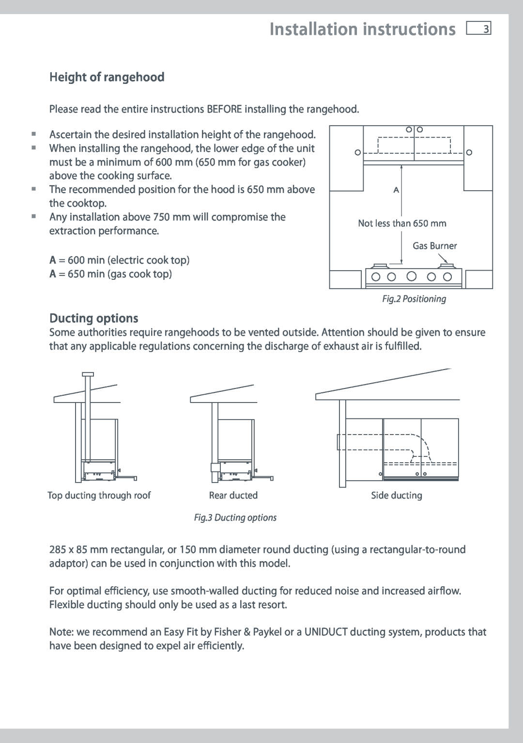 Fisher & Paykel HS90CSX1 installation instructions Height of rangehood, Ducting options, Installation instructions 