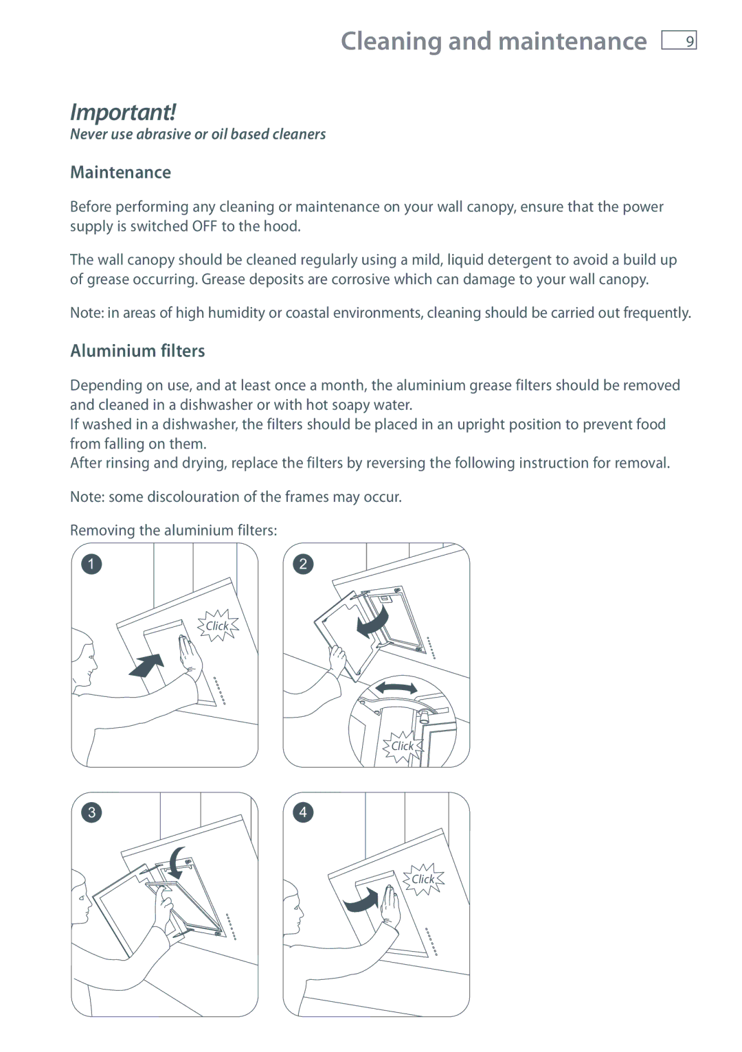 Fisher & Paykel HT90DBX1 installation instructions Cleaning and maintenance, Maintenance, Aluminium filters 