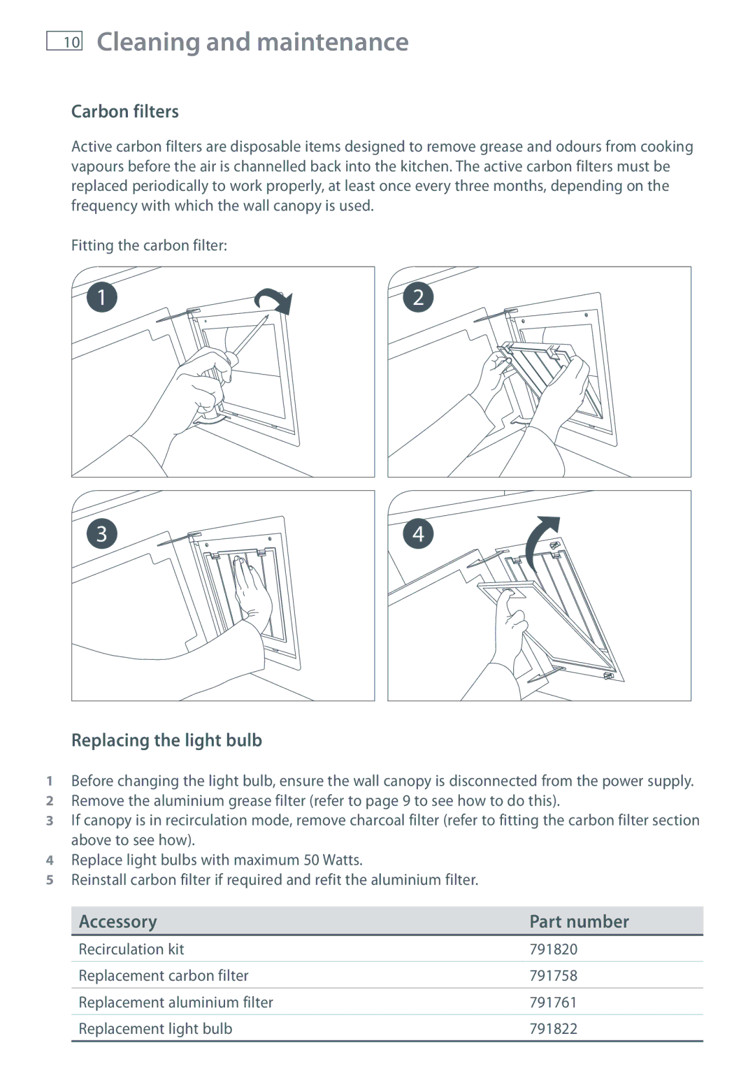 Fisher & Paykel HT90DBX1 installation instructions Carbon filters, Replacing the light bulb, Accessory Part number 