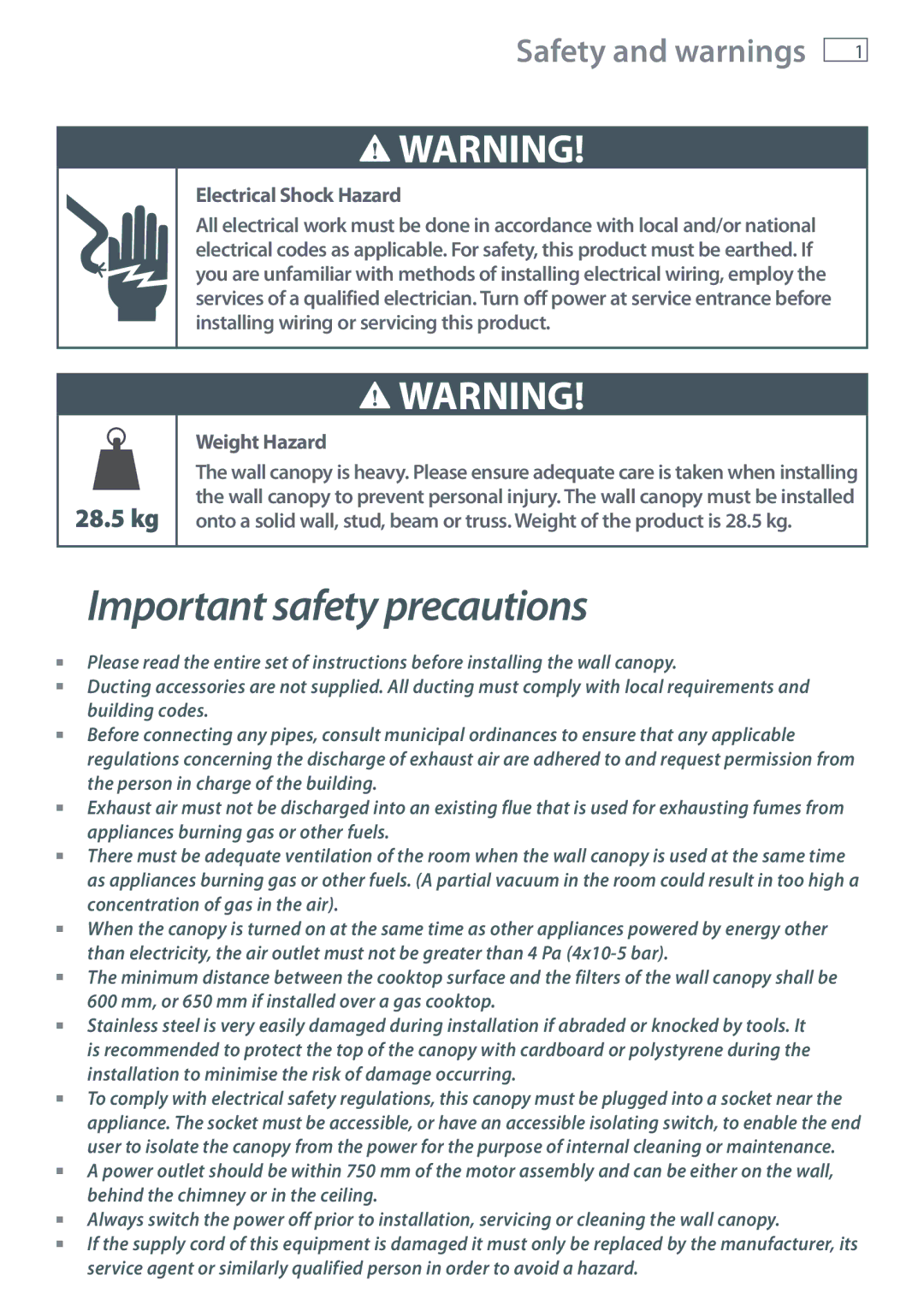 Fisher & Paykel HT90DBX1 installation instructions Safety and warnings, Electrical Shock Hazard 