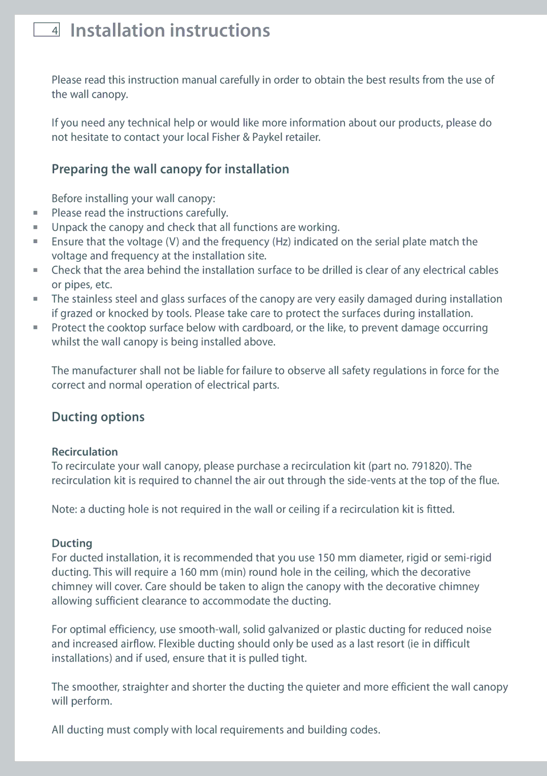 Fisher & Paykel HT90DBX1 Installation instructions, Preparing the wall canopy for installation, Ducting options 