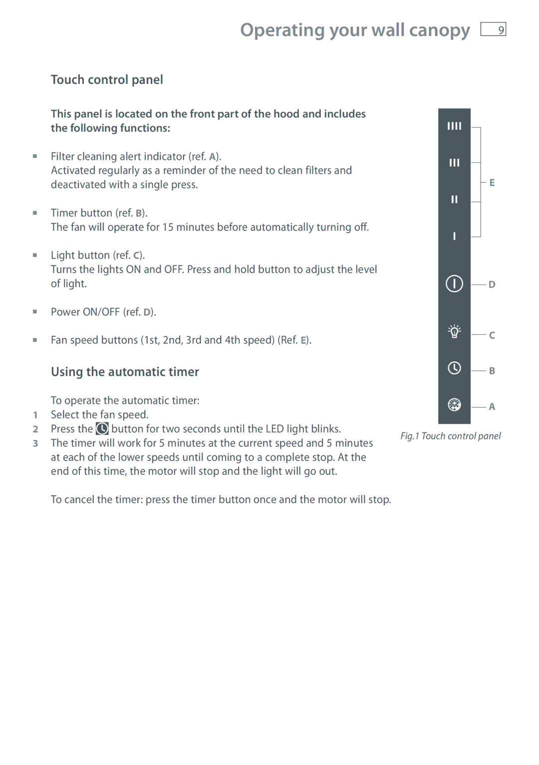 Fisher & Paykel HT90DBX1 Operating your wall canopy, Touch control panel, Using the automatic timer 