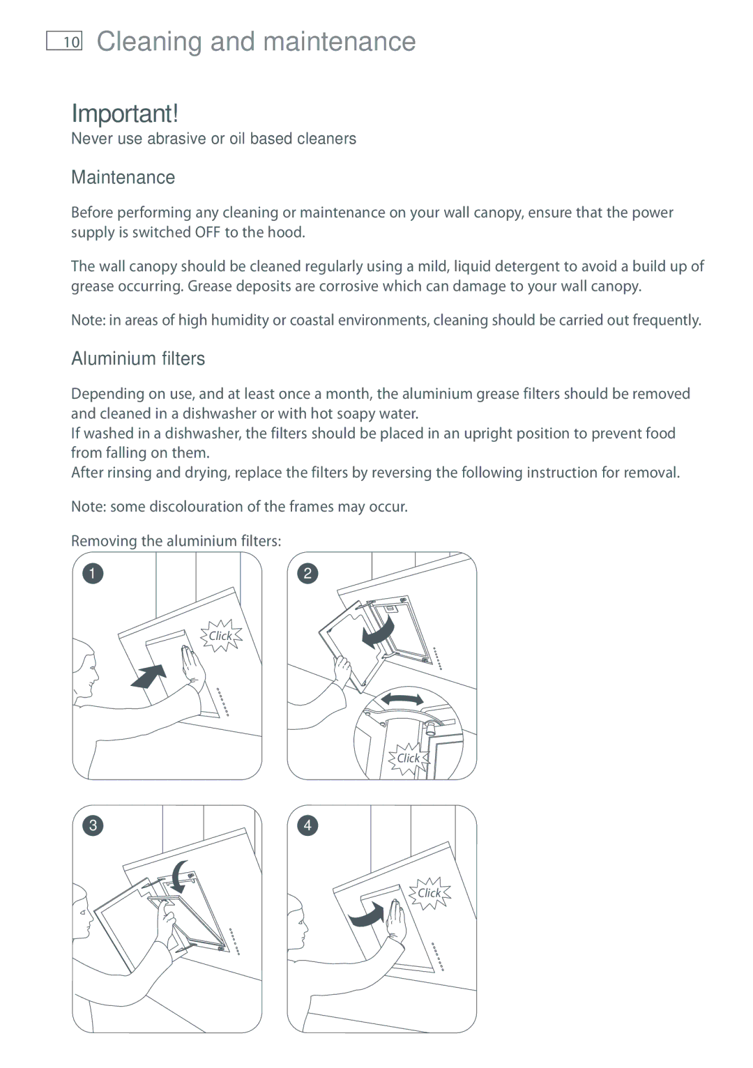 Fisher & Paykel HT90DBX1 installation instructions Cleaning and maintenance, Maintenance, Aluminium filters 