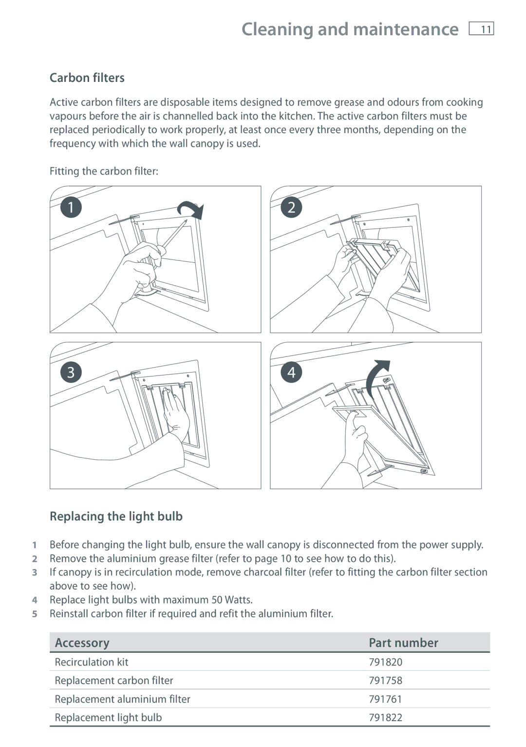 Fisher & Paykel HT90DBX1 installation instructions Carbon filters, Replacing the light bulb, Accessory Part number 