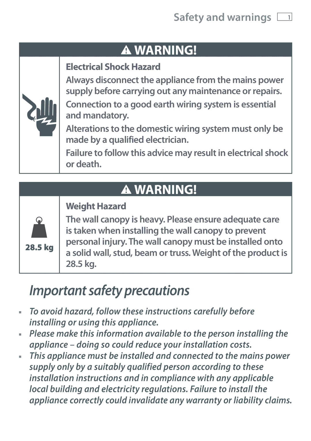 Fisher & Paykel HT90DBX1 installation instructions Safety and warnings, Electrical Shock Hazard 