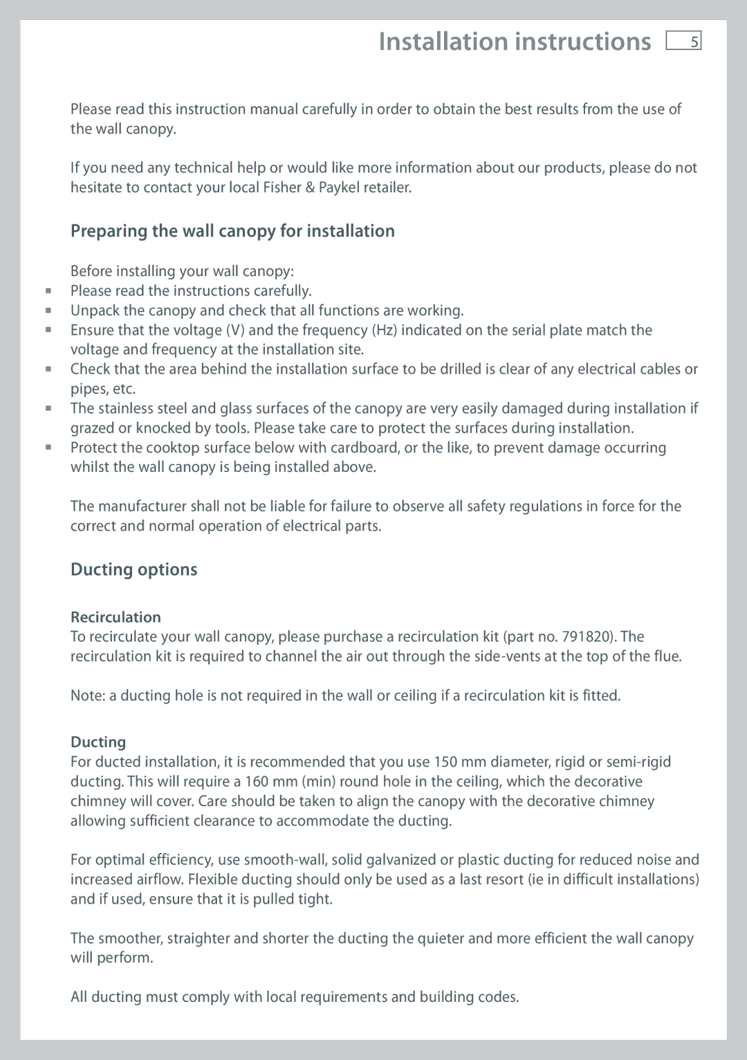 Fisher & Paykel HT90DBX1 Installation instructions, Preparing the wall canopy for installation, Ducting options 