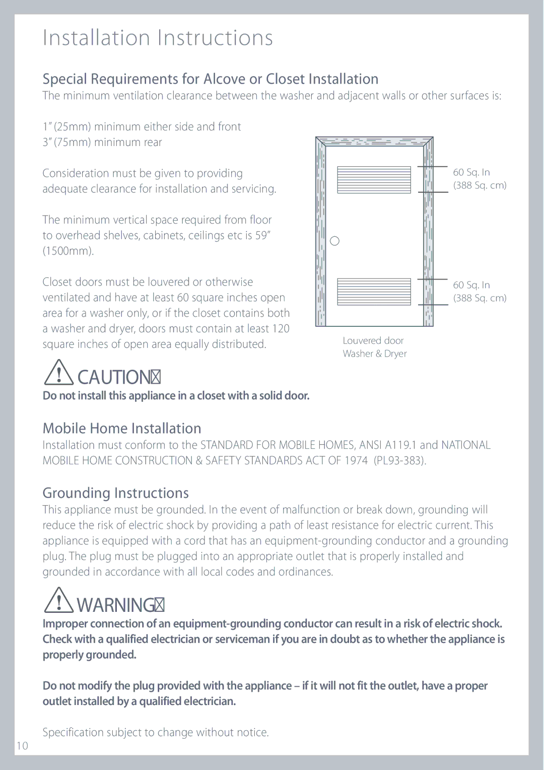 Fisher & Paykel IWL12 Special Requirements for Alcove or Closet Installation, Mobile Home Installation 