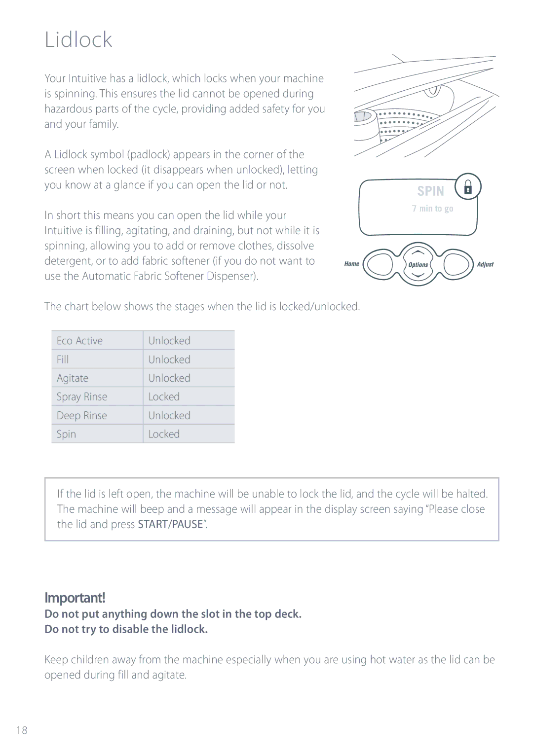 Fisher & Paykel IWL12 installation instructions Lidlock, Chart below shows the stages when the lid is locked/unlocked 