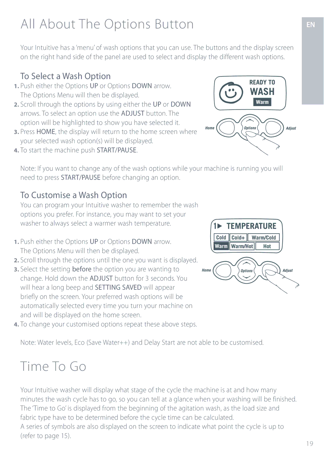 Fisher & Paykel IWL12 All About The Options Button, Time To Go, To Select a Wash Option, To Customise a Wash Option 